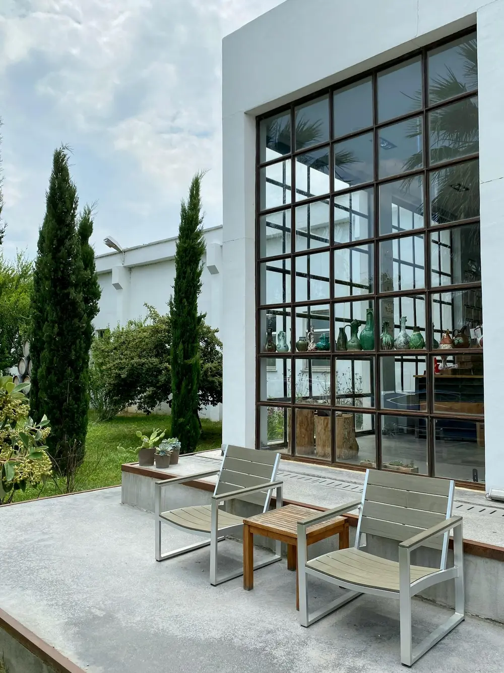 Modern paver patio with shrubs
